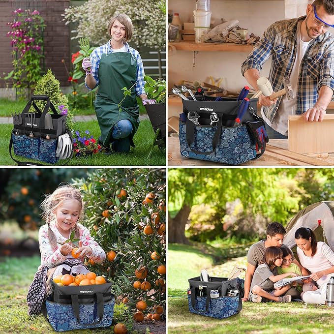 WORKPRO Garden Tool Bag Organizer, Heavy Duty Gardening Tote Bag, 10 Pockets Design with Long Adjustable Shoulder Strap, Standable Garden Home Tool Kits Organizer, Floral Blue (Tools are not Included)