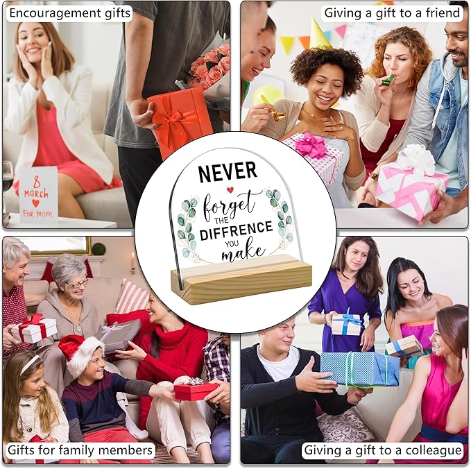 Never Forget The Difference You Make Motivational Acrylic Sign with Wooden Stand – Arched Appreciation Thank You Gifts for Women Men, Perfect for Coworkers, Teachers & Bosses, Home Office Desk Decor