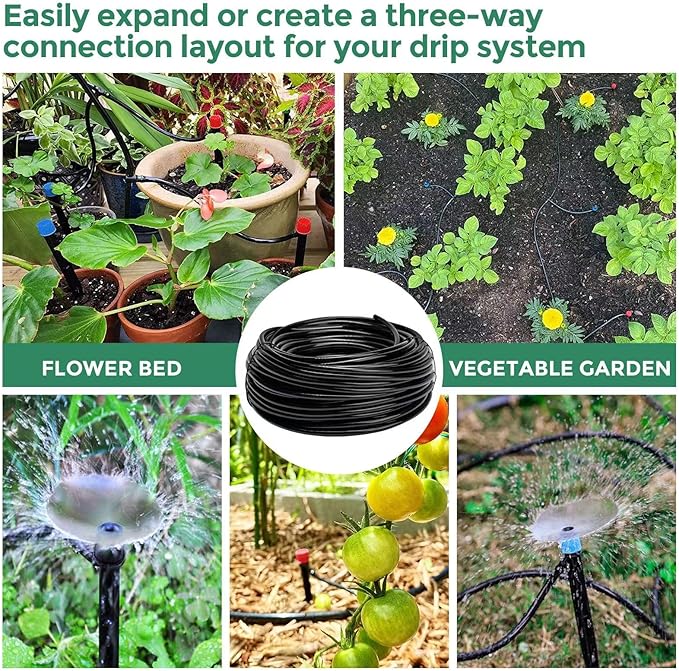 Maotong 100FT 1/4 inch Drip Irrigation Tubing Distribution Hose Tube for Garden Irrigation System (Includes 1 pack 6-Way Connector and 20pcs 1/4" Tee Splitters and End Plugs)
