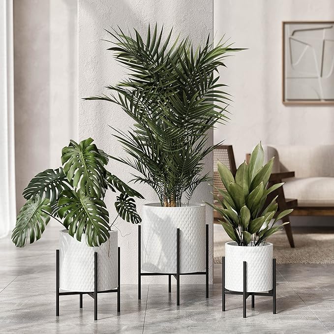EverNest Claire Mid-Century Modern White Planter and Stand, Indoor Plant Pot, SelectBase, Minimalist Aesthetic, Home Decor for Plants - (Black Base, Large)