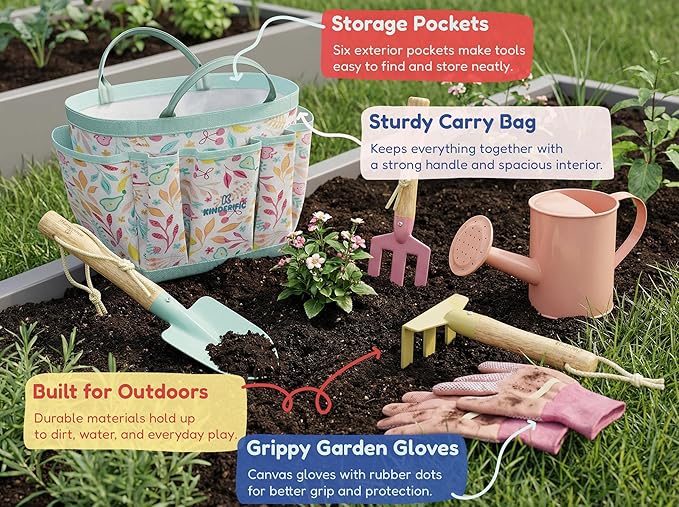 Kinderific Gardening Set, Tool Kit, for Kids, STEM, Includes Tote Bag, Spade, Watering Can, Rake, Fork, Trowel and Gloves, Fruity