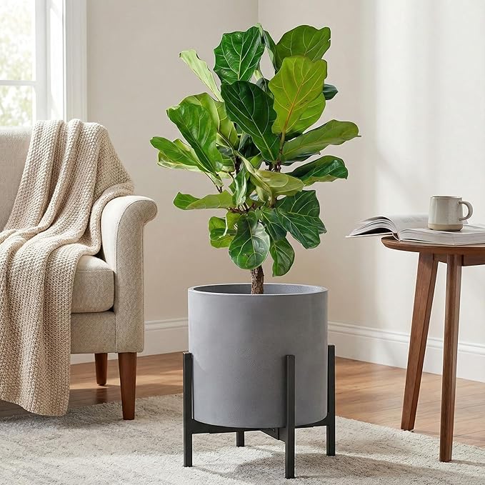 FaithLand 12 Inch Fiberstone Planter - Lightweight Modern Cylinder Plant Pot with Drainage Hole & Plug, Authentic Concrete Look, Gray