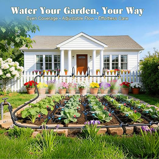 Drip Irrigation Kit for Garden, Automatic Watering System with Quick Connect Fittings, Adjustable Spray Nozzles, Water Saving Irrigation System for Yard, Greenhouse, Lawn & Potted Plants (60FT)