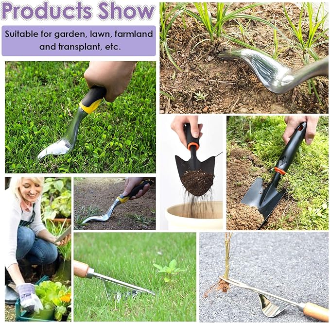Swpeet 5Pcs Manual Weeders Puller Tool Kit, Weed Puller Tool Garden Handle Weeder Removal Tool Garden Trowel with Ergonomic Handle Weeding Tool with Protective Gloves for Garden Lawn