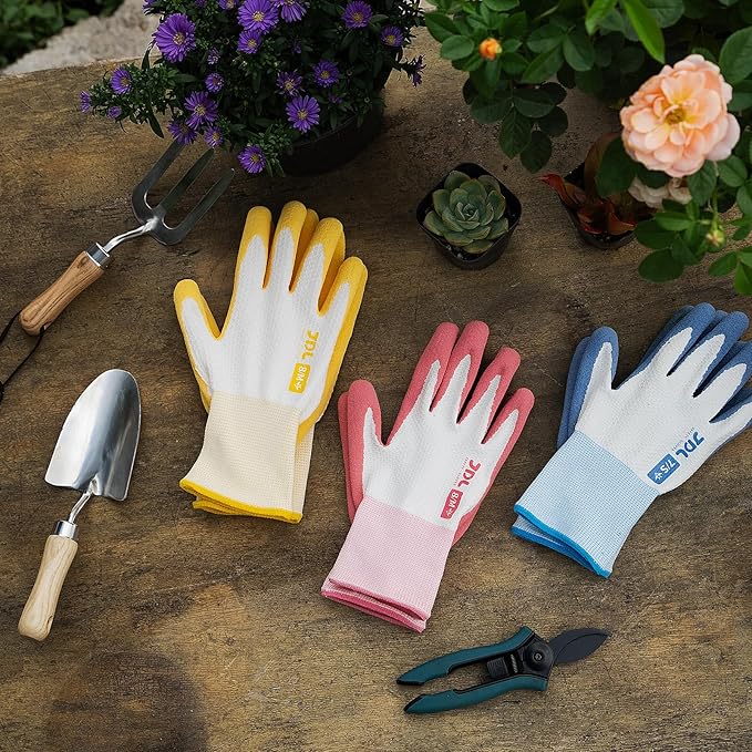 JDL Gardening Gloves for Women, 6 Pairs Breathable Latex Coated Yard Garden Gloves, Rubber Outdoor Protective Work Gloves with Grip, Multiple Colors, Small Size