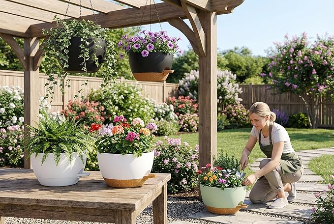 Hanging Planters, 3-Pack 10 Inch Self-Watering Pots with Drainage Holes and Chains, Matte Plastic Planters for Indoor/Outdoor Plant(Green Brown)