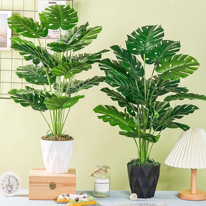 Der Rose 2 Pack 28" Fake Plants Large Artificial Monstera Faux Plants Indoor with White and Black Pots for Home Office Living Room Decor