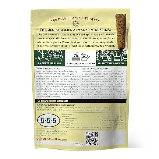 The Old Farmer's Almanac Houseplant & Flower Plant Food Mini Spikes - NPK 5-5-5 for Continuous Feeding and Vibrant Colors (24 Mini Spikes)
