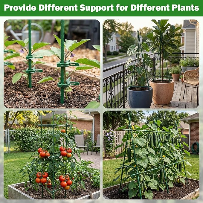 Garden Stakes 70 Pack, 16 Inch Plastic Coated Metal Tomato Stakes, DIY 4ft 5ft 6ft 7ft Plant Support Stakes with 40 Connectors 30 Rotatable Clips 30 Plant Clips for Indoor Outdoor Vegetables