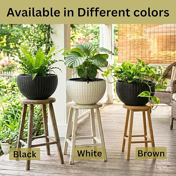 LaLaGreen Indoor Hanging Planter (11 Inch, 1 Pack) Self-Watering Round Flower Pot with Water Level Indicator, White Rattan Style Hanging Basket with Metal Chain for Balcony, Porch, Deck, Garden Decor