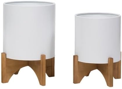 White Indoor Metal Pot Planter with Arch Wood Base Set 12.25" h X 9.75" w 9.75" d Mid-Century Modern Round