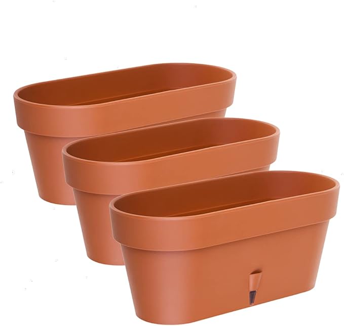 DECOPOTS - Pack of 3 - Self Watering Window Box Planter - Indoor/Outdoor - Windowsill/Oblong Shape Plastic Planter with Bottom Watering and Water Level Indicator (15.6 Inch Long, Terracotta)
