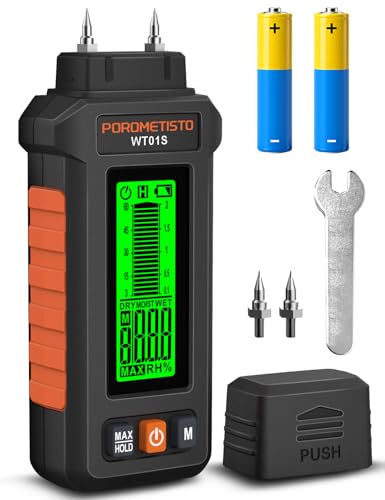 5 in 1 Moisture Meter, POROMETISTO 5 Modes Wood Moisture Meter with Three-Color Backlight, Data Hold & Max Measurement, Ideal for Wood (Oak/Pine/Walnut) and Building Materials