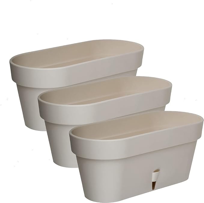 DECOPOTS - Pack of 3 - Self Watering Window Box Planter - Indoor/Outdoor - Windowsill/Oblong Shape Plastic Planter with Bottom Watering and Water Level Indicator (15.6 Inch Long, Sand)