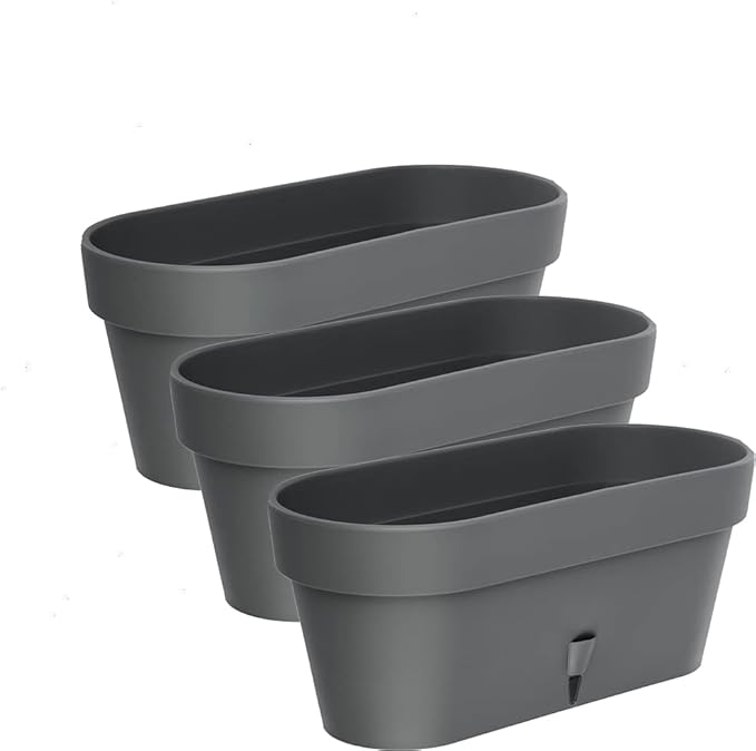 DECOPOTS - Pack of 3 - Self Watering Window Box Planter - Indoor/Outdoor - Windowsill/Oblong Shape Plastic Planter with Bottom Watering and Water Level Indicator (15.6 Inch Long, Graphite)