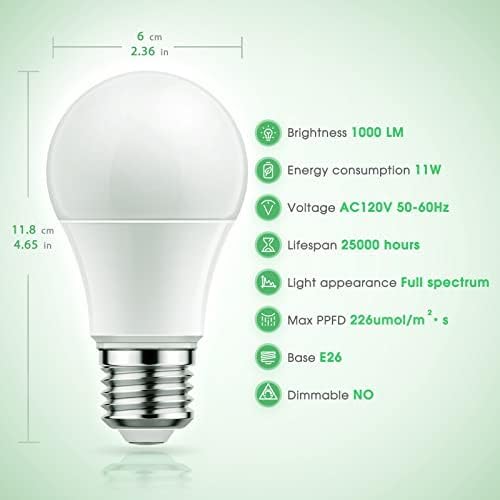 Briignite Grow Light Bulbs, LED Grow Light Bulb A19 Bulb, Full Spectrum Grow Light Bulb, Plant Light Bulbs E26 Base, 11W Grow Bulb 100W Equivalent, Grow Light for Indoor Plants, Seed Starting, 6 Pack