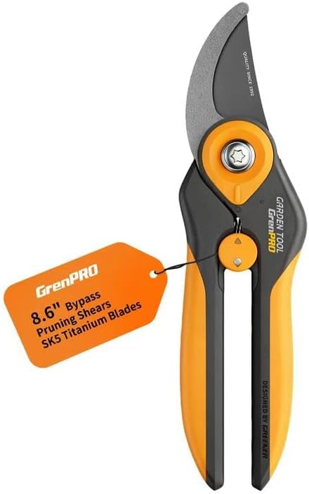 GrenPRO Bypass Pruning Shears 8.6", Heavy Duty Garden Clippers Handheld Cuts 1.38" Hardwood, Sharp SK5 Titanium Blades for Rust-Proof & Non-Stick, Ergonomic Garden Scissors for Plant Flower