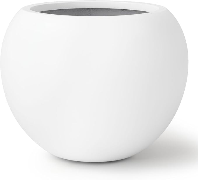 KUTE NEST 16" H x 20" D Premium Globo Fiberstone Round Planter with Drainage Hole, Smooth Finishes, Weather Resistant for Indoor and Outdoor Use, Included 2 Extra Coco Mats (White, 13.5" Pot Opening)
