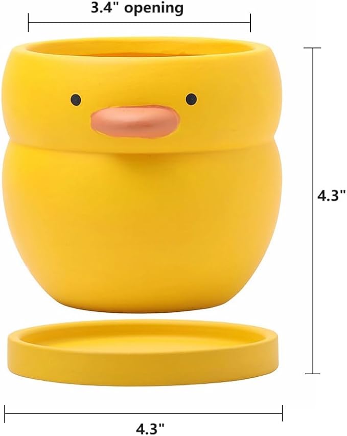 GeLive 4 Inch Yellow Duck Plant Pot Ceramic Planter with Drainage Tray Indoor Plants Succulent Pot Tabletop Organizer Decor Pen Holder Cartoon Statue Unique Gift