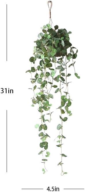 Artificial Plastic Plant Vine Small Hanging Basket Ornament for Indoor Walls, Shelves, Cabinets, Kitchens, Studies, Desks, Living Rooms 3.5-Inch Basket (Leaf B)