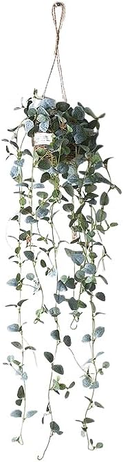 Artificial Plastic Plant Vine Small Hanging Basket Ornament for Indoor Walls, Shelves, Cabinets, Kitchens, Studies, Desks, Living Rooms 3.5-Inch Basket (Leaf A)