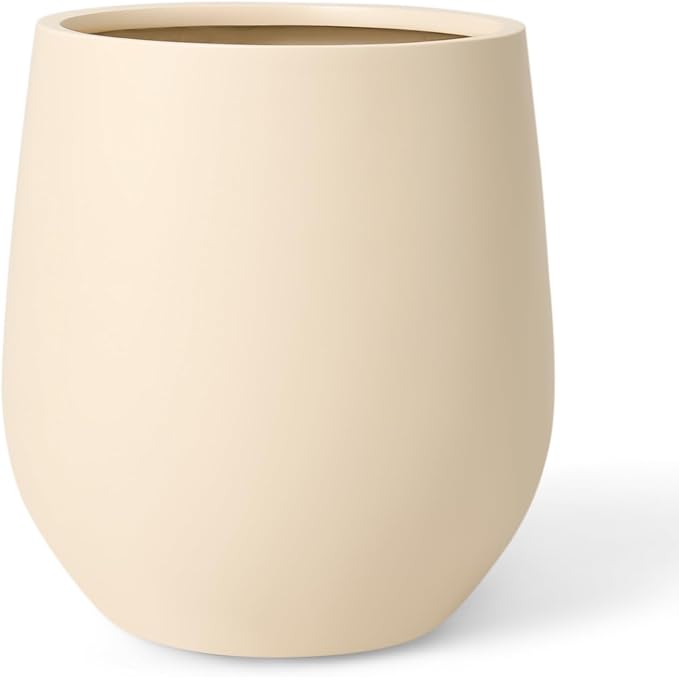 KUTE NEST 16.5" H x 15" D Premium Corso Fiberstone Round Tapered Planter with Drainage Hole, Smooth Finishes, Weather Resistant, Included 2 Extra Coco Mats (Kilim Beige, 11.5" Pot Opening)