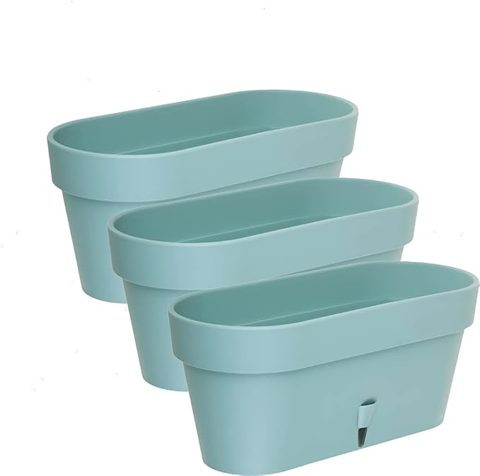 DECOPOTS - Pack of 3 - Self Watering Window Box Planter - Indoor/Outdoor - Windowsill/Oblong Shape Plastic Planter with Bottom Watering and Water Level Indicator (15.6 Inch Long, Jade)