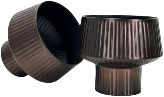 Wide Top Modern Handmade Metal Indoor Planter with Unique Shape, Vertical Grooved Design and Anti-Scratch Pads, Rust-Resistant Finish that is Sustainable Non-Plastic Pot Recyclable Metal Vase (Copper)
