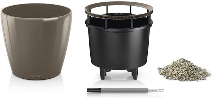 Lechuza Classico LS 43 Shiny Taupe High Gloss, Self-Watering Round Planter, D16.9 H15.7 in