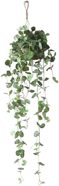 Artificial Plastic Plant Vine Small Hanging Basket Ornament for Indoor Walls, Shelves, Cabinets, Kitchens, Studies, Desks, Living Rooms 3.5-Inch Basket (Leaf B)