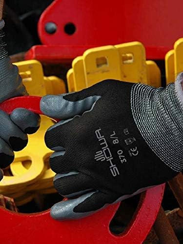 SHOWA Atlas 370B Professional Nitrile Work Gloves, Breathable High-Dexterity Precision Grip for Landscaping, Gardening & Assembly, General Purpose Gloves, Black, Medium, 12-Pack