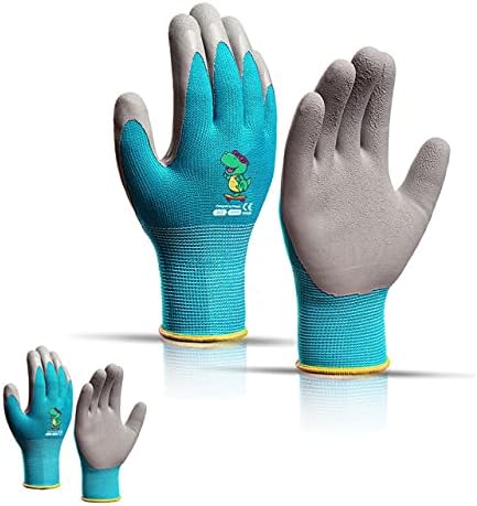 KDK Ages 5-7 Kids Gardening Gloves,Yard Work Gloves for Toddlers, Youth, Girls, Boys, Childrens, Soft Safety Rubber Gloves (XXS Age 5-7, 2 Pairs Blue Dinosaur)