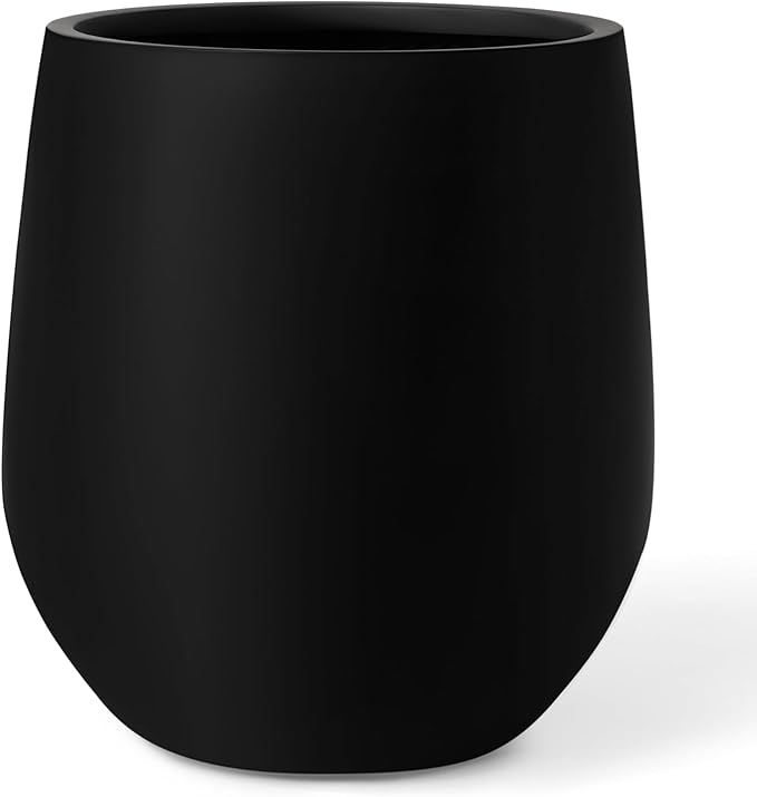 KUTE NEST 12.5" H x 11.4" D Premium Corso Fiberstone Round Tapered Planter with Drainage Hole, Weather Resistant for Indoor and Outdoor Use, Included 2 Extra Coco Mats (Black, 9" Pot Opening)