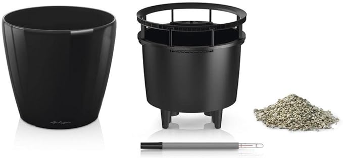 Lechuza Classico LS 21 Black High Gloss, Self-Watering Round Planter, D8.3 H7.9 in