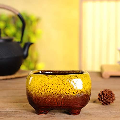 Cute Circular Ceramic Home Garden Decoration Succulent Cactus Flower Pots Container -Plant Not Included (Yellow, 4.7 Inch)