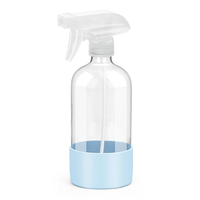 Rionisor Glass Spray Bottles with Silicone Sleeve Protection, Empty 16 oz Refillable Containers, Reusable Spray Bottles with Adjustable Nozzle for Hair, Cleaning Solutions, Essential Oils 1 Pack Blue