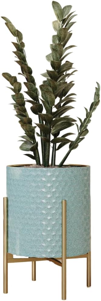 EverNest Mid-Century Modern Rhys Honeycomb Embossed Planter Pot with Loki Gold Stand, Metal Indoor Plant Pots, Blue Green Bohemian Style (Small 1 Gallon)