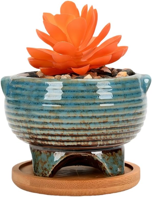 Cute Circular Ceramic Home Garden Decoration Succulent Cactus Flower Pots Container with Bamboo Tray -Plant Not Included (White, 4.02 Inch)
