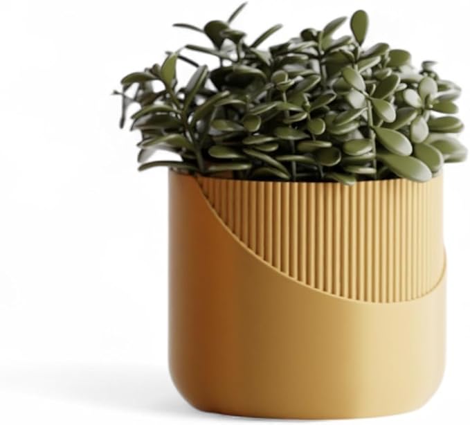 Modern Geometric Planter with Stand – Decorative Indoor Plant Pot with Ridged Top & Smooth Bottom, Stylish Planter for Succulents, Herbs, Small Plants (Gold - Smooth Body with Ridges and Stand)