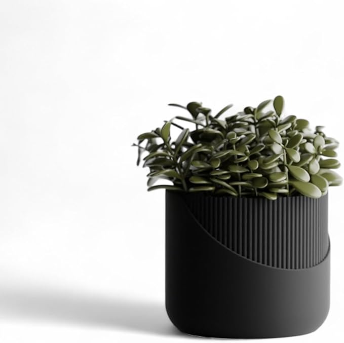 Modern Geometric Planter with Stand – Decorative Indoor Plant Pot with Ridged Top & Smooth Bottom, Stylish Planter for Succulents, Herbs, Small Plants (Black - Smooth Body with Ridges and Stand)