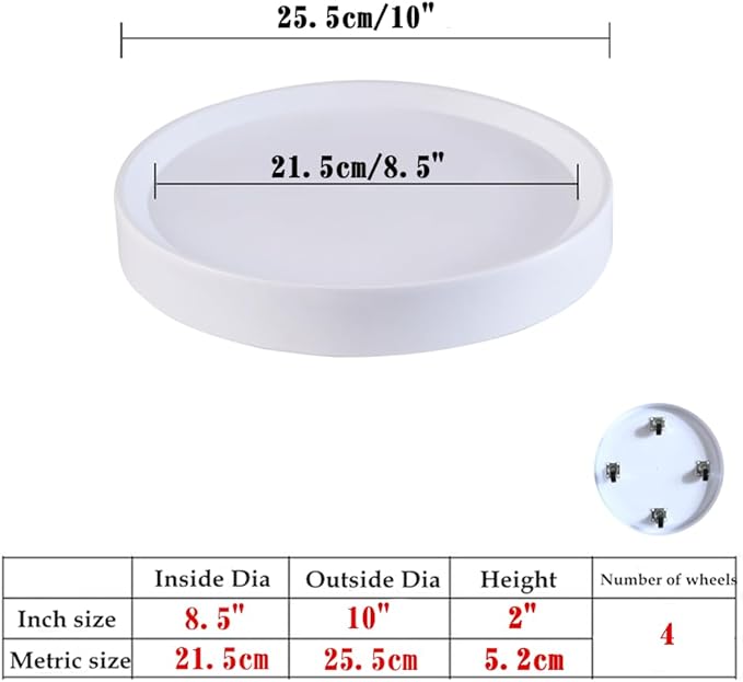 10inch Mobile Plant Stands with Wheels 2Pack White Plant Caddy with Hidden Wheels,Flower Pots Rolling Tary,Round Trolley for Indoor Outdoor (10inch)