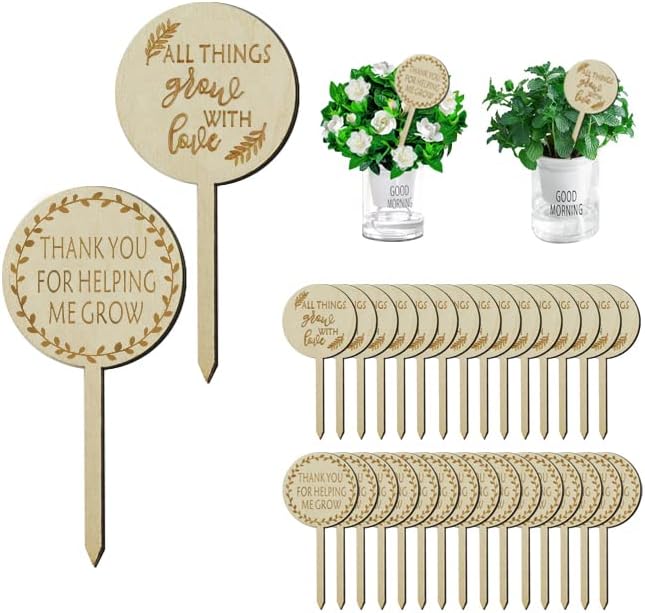 Plant Labels All Things Grow with Love Tags Thank You for Helping Me Grow Plant Markers,Round Plant Stakes Labels Wooden Succulent Tag for Seed Flowers Garden Potted Plants,30 Pack