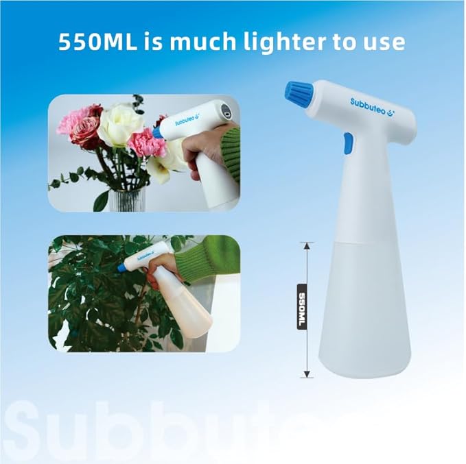 Subbuteo Electric Plant Mister Spray Bottle, 0.55L USB Rechargeable Auto Sprayer, Adjustable Fine Mist Nozzle for Indoor Plants, Hair Styling & Home Cleaning