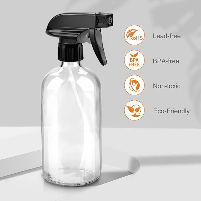 Worldgsb Glass Spray Bottles, 16oz*2+4oz*2+2oz*4 Refillable Containers, Empty Boston Round Bottles with Adjustable Nozzle for Cleaning, Gardening, Aromatherapy, Pets, Plant, Hair - Clear