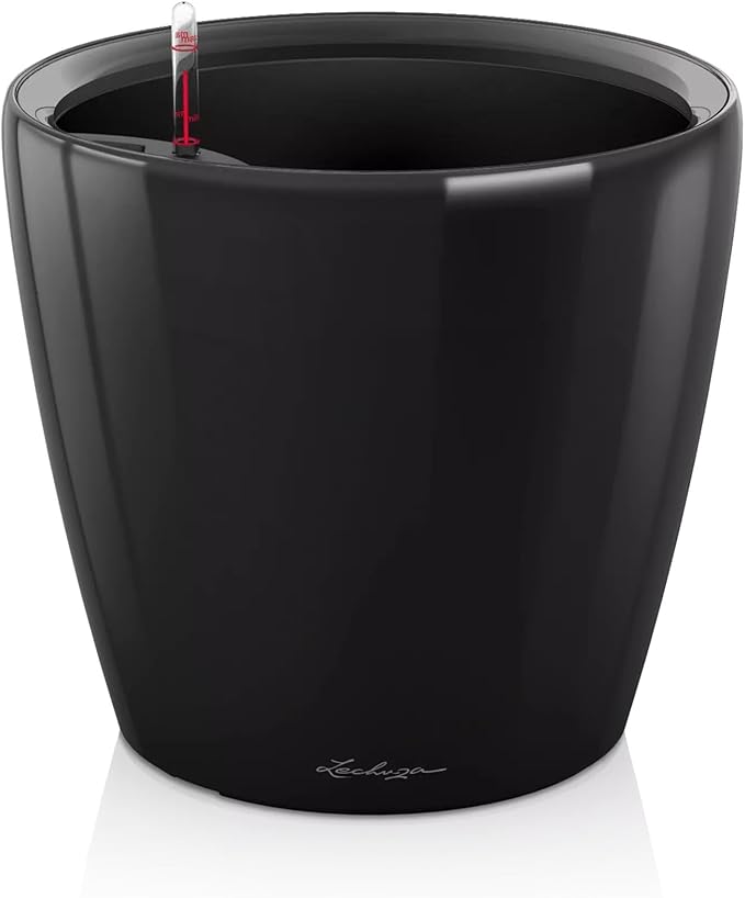 Lechuza Classico LS 43 Black High Gloss, Self-Watering Round Planter, D16.9 H15.7 in