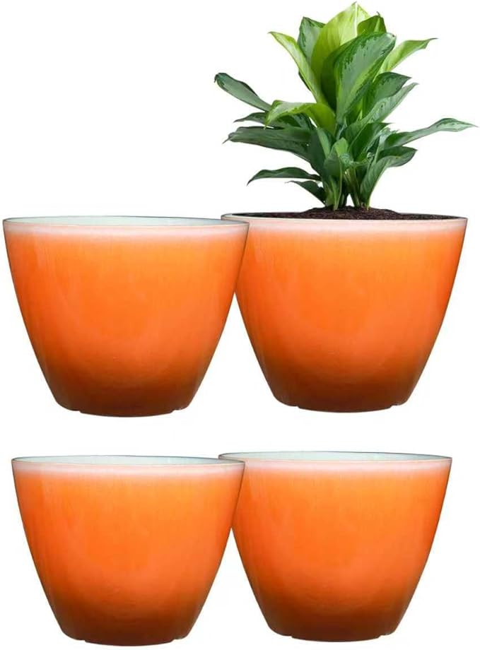 Vanslogreen Plant Pots for Indoor Outdoor Plants, Pack of 4 Plastic Flower Pots with Drainage Holes and Saucers, 8 Inch Glazed Planters for Indoor Plants Office Home Decor (Orange, 4pcs)