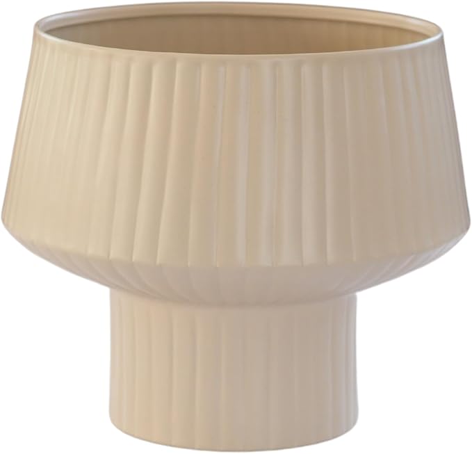 Wide Top Modern Handmade Metal Indoor Planter with Unique Shape, Vertical Grooved Design and Anti-Scratch Pads, Rust-Resistant Finish that is Sustainable Non-Plastic Pot Recyclable Metal Vase (White)