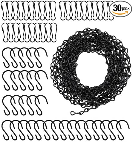 Suwimut 157 Inch Hanging Chains, Black Metal Hanging Basket Chain with 30 S Hooks and 30 Clips for Bird Feeders, Billboards, Planters, Wind Chimes, Lanterns, Grow Lights, Ornaments, Outdoor/Indoor Use
