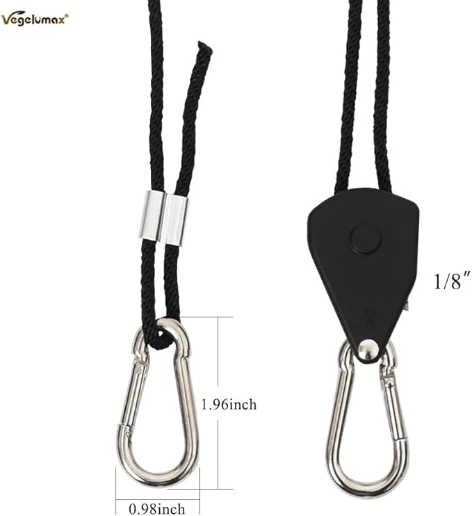 1/8Inch Heavy Duty Adjustable Rope Clip Hanger Reinforced Metal Internal Gears for Growing Light Fixtures,Various Tie-Down Uses,Loose-Proof Design,8ft Long,150lbs Weight Capacity,Black,1Pair