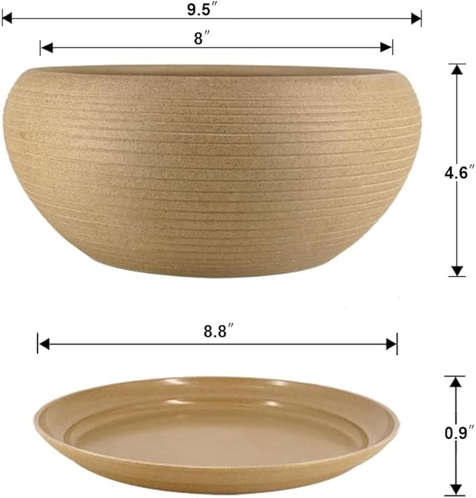 MUZHI 9.5” Round Large Ceramic Bonsai Bowl Planter，Clay Succulent Plant Pot Container with Saucer